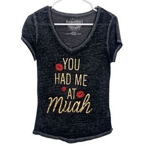 Rocker Girl You Had Me at Muah Short Sleeve Shirt Black Gold Size Small